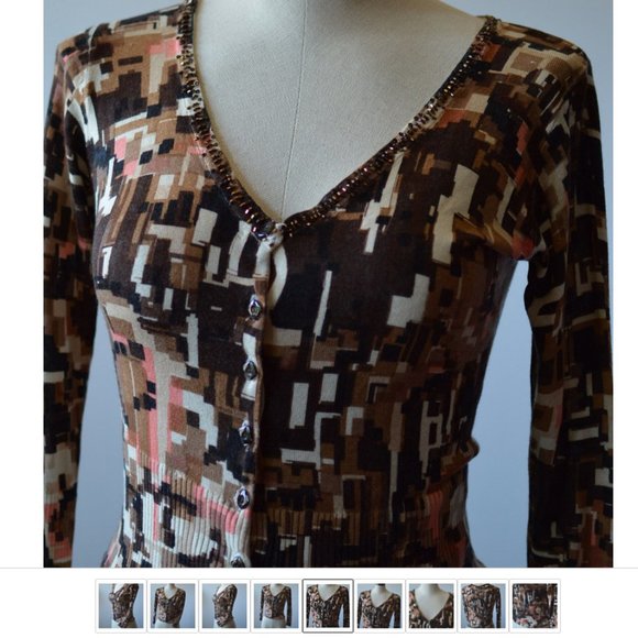 Women Cropped Blouse Cashmere|Silk Long Sleeve Geometric V Neck - Picture 4 of 7